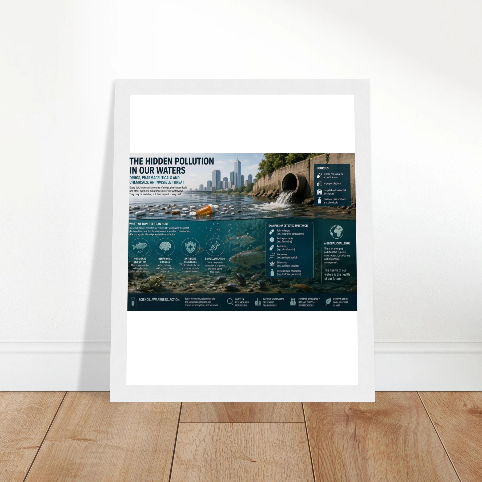 The Hidden Pollution in Our Water Poster with Wooden Magnetic Hanger - Fine Art Framed Poster - Kawaii Therapy Shop