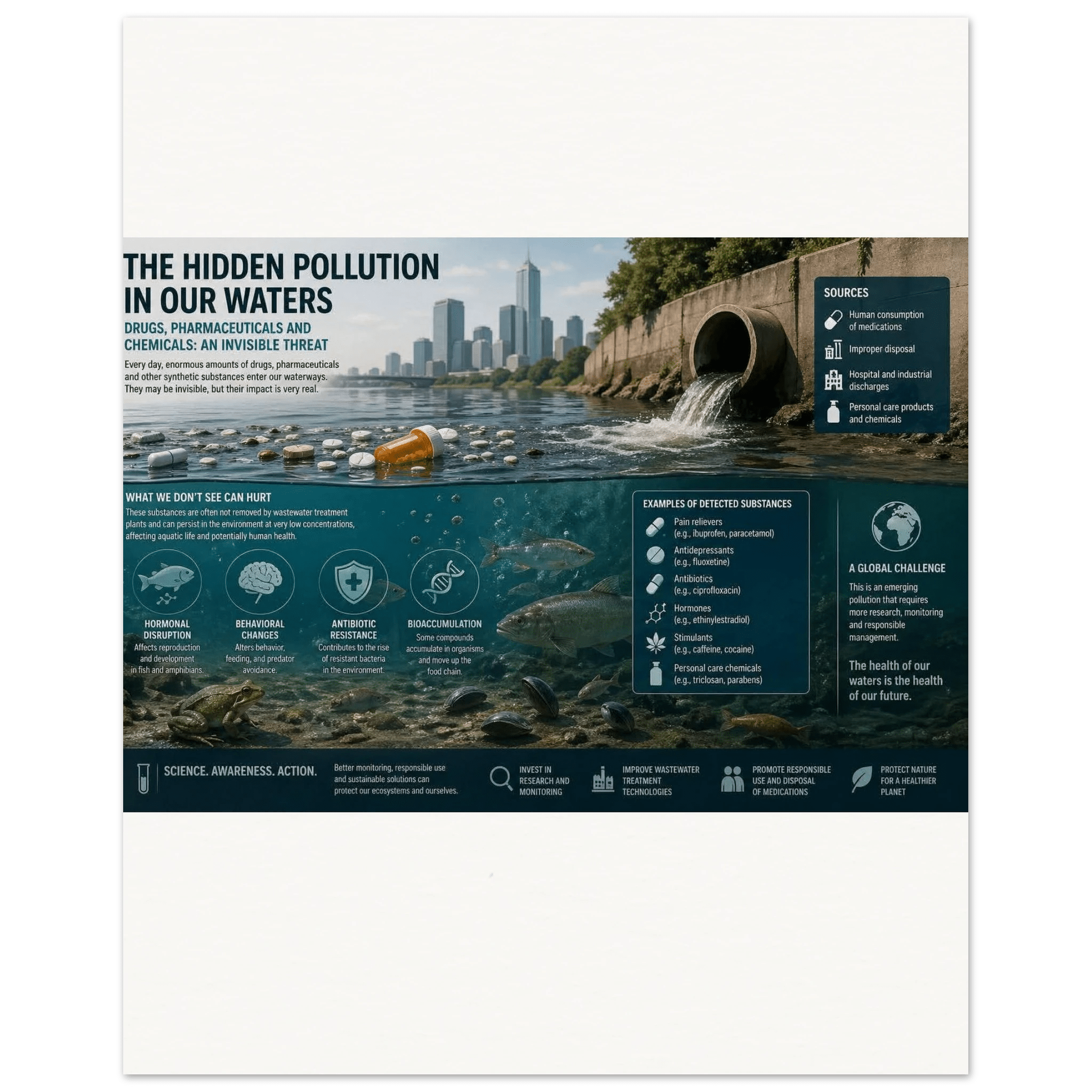 The Hidden Pollution in Our Water Poster with Wooden Magnetic Hanger - Museum-Quality Matte Paper Poster - Kawaii Therapy Shop
