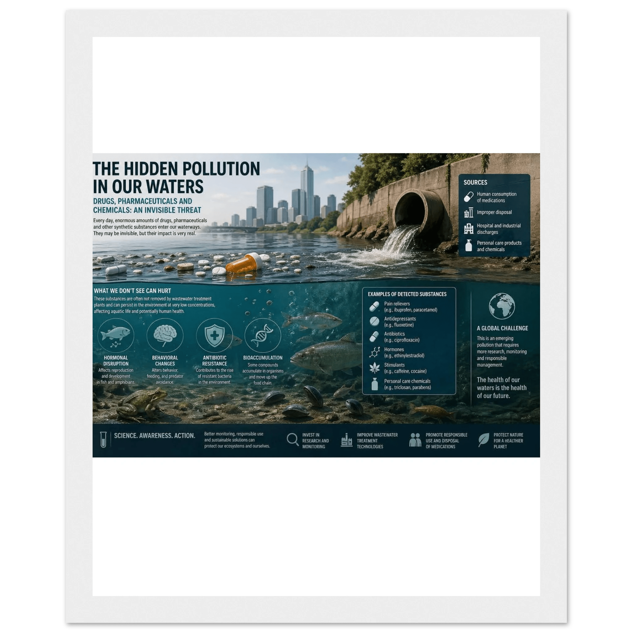The Hidden Pollution in Our Water Poster with Wooden Magnetic Hanger - Premium Semi-Glossy Paper Wooden Framed Poster - Kawaii Therapy Shop