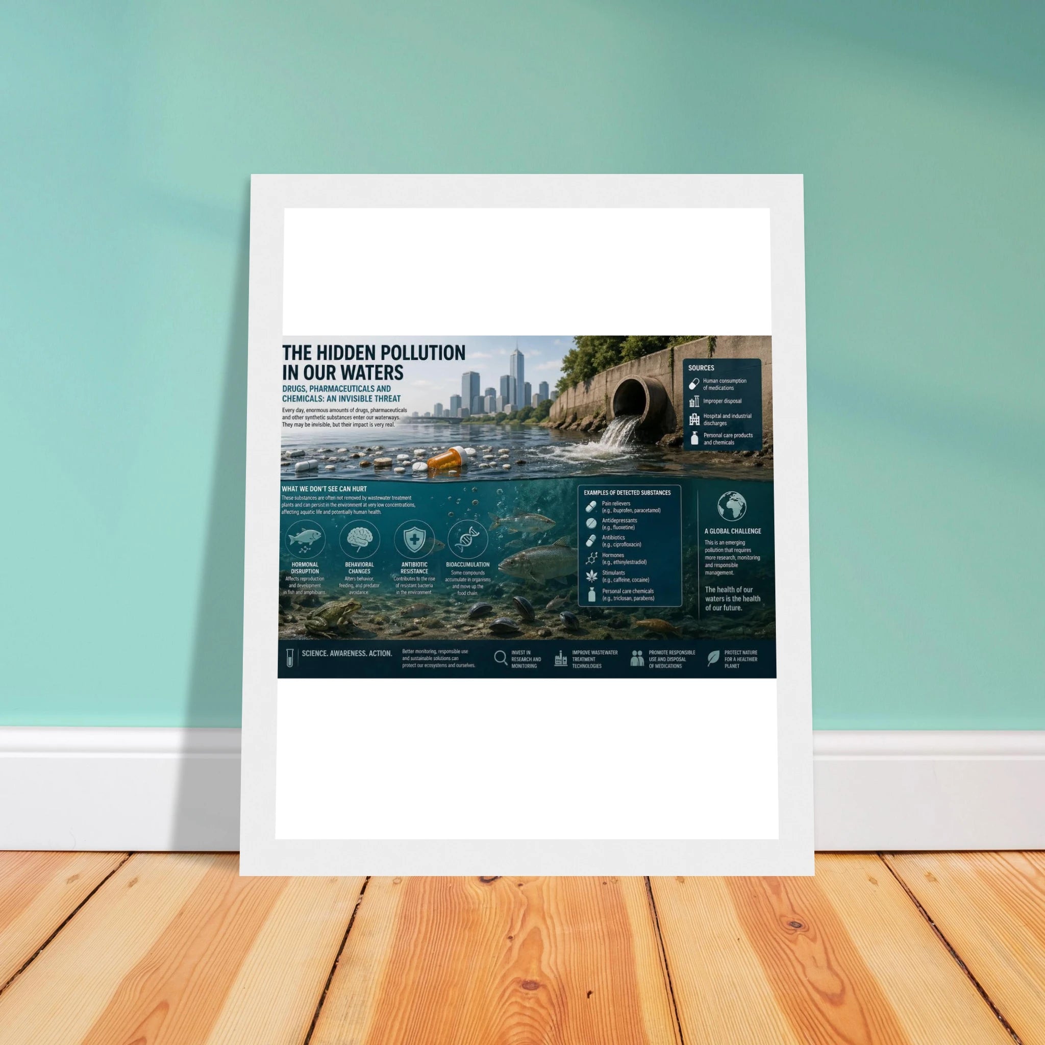 The Hidden Pollution in Our Water Poster with Wooden Magnetic Hanger - Fine Art Framed Poster - Kawaii Therapy Shop